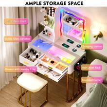 MDGC RGB Makeup Vanity Desk with Wireless Charging Station,7 Dynamic and 7 Static Dimmable Vanity Table with Visible Glass Top,Auto Sensor LED Make up Vanity with Mirror and Lights,Stool