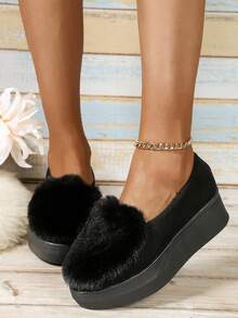 厚底毛絨鞋女性平台楔型跟秋冬新款時尚帶扣鞋，防滑行駛便鞋 - 黑色 - 查看 3