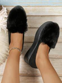 厚底毛絨鞋女性平台楔型跟秋冬新款時尚帶扣鞋，防滑行駛便鞋 - 黑色 - 查看 5