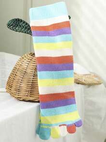 1pair Children's Colorful Striped Comfortable Daily Wear Autumn & Winter Warm High Tube Five Finger Separate Toe Socks - Multicolor - View 4