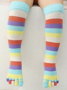 1pair Children's Colorful Striped Comfortable Daily Wear Autumn & Winter Warm High Tube Five Finger Separate Toe Socks - Multicolor - View 3