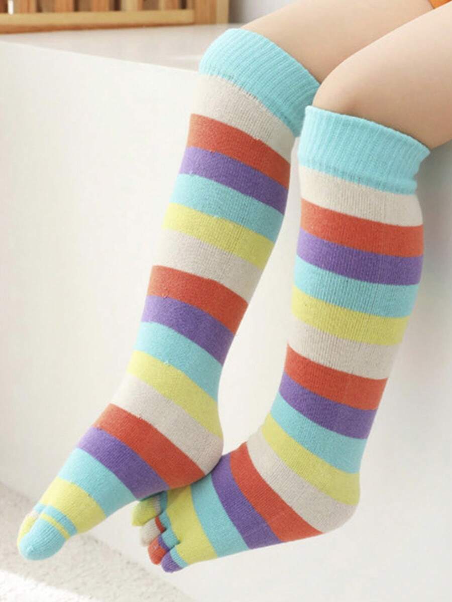 1pair Children's Colorful Striped Comfortable Daily Wear Autumn & Winter Warm High Tube Five Finger Separate Toe Socks - Multicolor - View 1