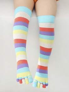 1pair Children's Colorful Striped Comfortable Daily Wear Autumn & Winter Warm High Tube Five Finger Separate Toe Socks - Multicolor - View 2