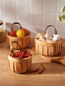 1 Miếng Gỗ Chips Bện Tỏi Và gừng Rổ Với Da Xử lý Đối với Đồ trang trí , Trái cây , Dã ngoại , Các loại khác nhau Lưu trữ , Thích hợp Đối với Phòng khách Phòng bếp - gừng - Xem 7