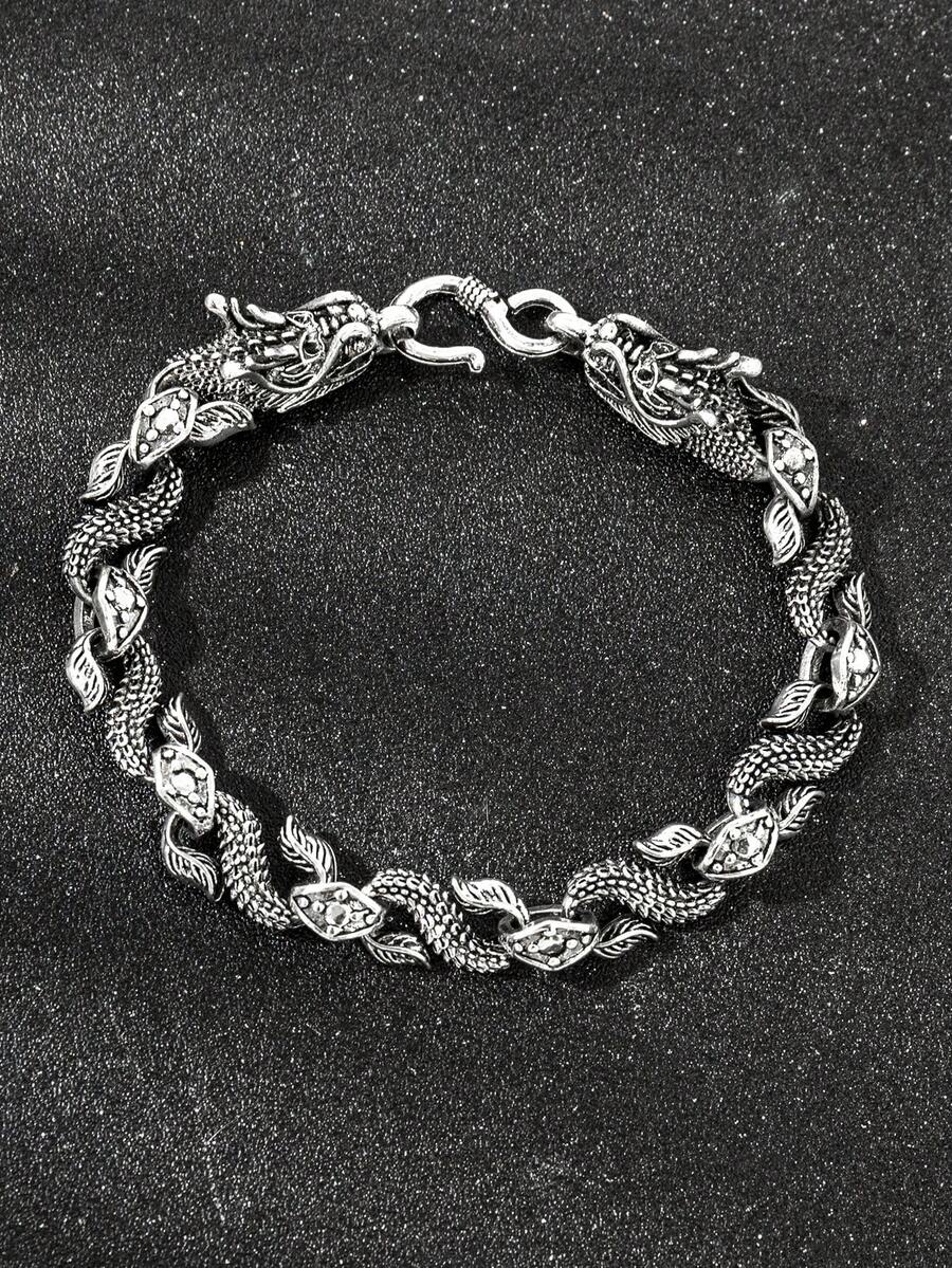 A Men's Dragon Pattern Personalized Bracelet - Antique Silver - View 1