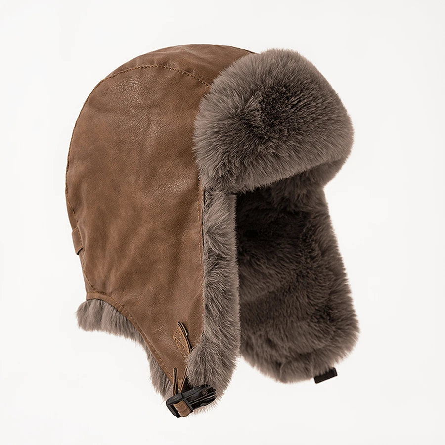 新款男女冬季附耳罩皮帽:保暖飛行員帽,防風,騎乘、摩托車 - 卡其色 - 查看 1