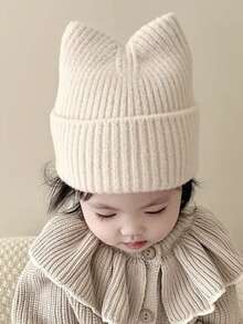 1pc Baby Cute Solid Color Knitted Beanie With Cat Ears For Warmth And Everyday Wear In Autumn And Winter - Beige - View 4