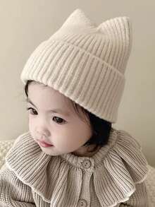 1pc Baby Cute Solid Color Knitted Beanie With Cat Ears For Warmth And Everyday Wear In Autumn And Winter - Beige - View 3