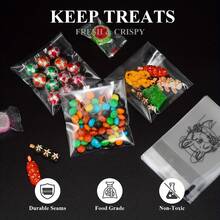 100入組小禮袋,小號透明塑料袋附貓咪圖案,可重複使用,自粘opp袋,適用於糖果、糕點、禮物、珠寶、卡片等