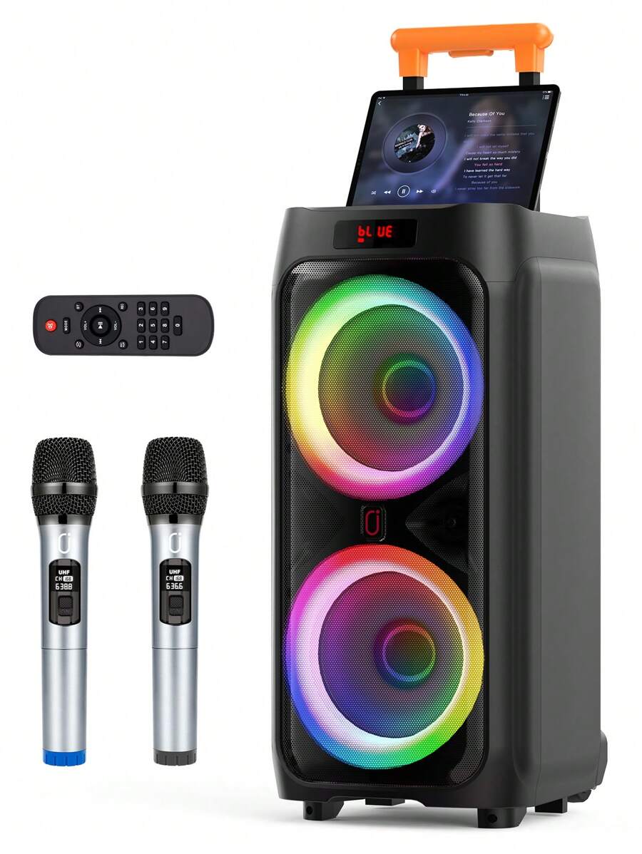 JYX HaiTun T9 Karaoke Machine Is A 500-Watt PA Speaker On Silent Wheels, With A Telescoping Handle. The Wireless Karaoke Machine Delivers A Whopping 500W Of Sound, Thanks To The Three-Inch Tweeters And Two Eight-Inch Subwoofers. Dual Wireless Microphones And Multicolor Light Modes Turn Up The Party Vibe. - 黑色 - 查看 1