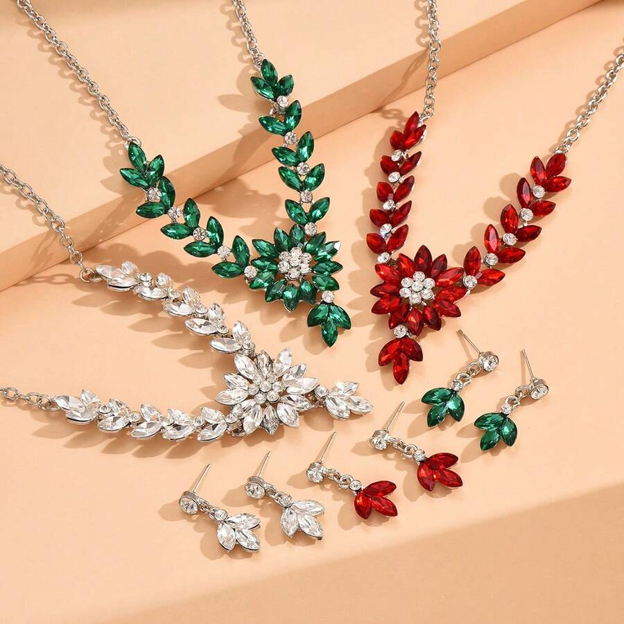 3 件套時尚水晶花和寶石項鍊和耳環套裝,女士裝飾品,適合婚禮派對著裝場合