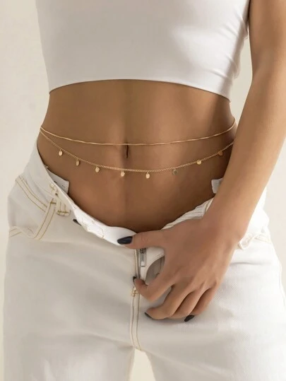 2pcs/set Vintage & Simple Glitter Fringe Multi Layered Waist Chain & Belly Button Ring For Women's Casual Beach Vacation And Sexy Body Chains