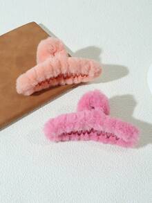 2入組新款秋冬毛絨髮夾,跨形大號髮夾適用於女孩子簡單髮型裝飾 - 彩色 - 查看 1