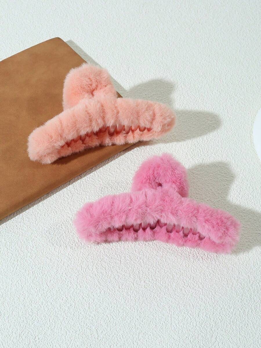 2入組新款秋冬毛絨髮夾,跨形大號髮夾適用於女孩子簡單髮型裝飾 - 彩色 - 查看 1