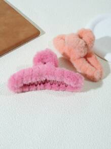 2入組新款秋冬毛絨髮夾,跨形大號髮夾適用於女孩子簡單髮型裝飾 - 彩色 - 查看 3