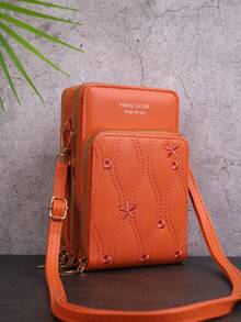 1個橙色時尚多用途小刺繡單肩包,女士斜跨包,帶有大容量拉鍊口袋,可存放手機、等物品 - 橘色 - 查看 1