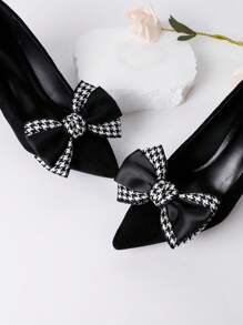 1pair Black & White Houndstooth Check Splicing Bowknot Shoe Clip, Suitable For Both High Heels And Flats, Women's Casual Style