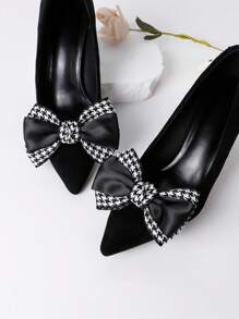1pair Black & White Houndstooth Check Splicing Bowknot Shoe Clip, Suitable For Both High Heels And Flats, Women's Casual Style
