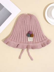 1pc Baby Knitted Hat With Small Pom Pom Decoration And Wavy Edge - Pink - View 4