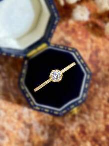 ESBERRY 1枚复古订婚/结婚戒指，镶嵌立方氧化锆，银色婚戒，优雅新娘首饰，女士款 - 金色 - 查看 4