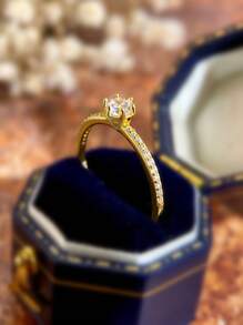 ESBERRY 1枚复古订婚/结婚戒指，镶嵌立方氧化锆，银色婚戒，优雅新娘首饰，女士款 - 金色 - 查看 7