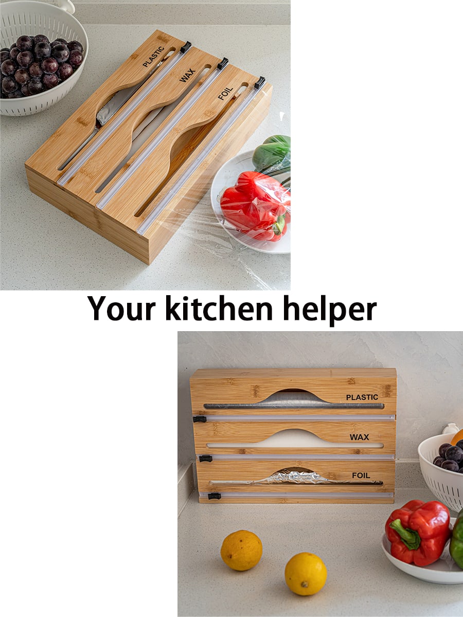 1pc 33.5*21.9*7cm Bamboo Plastic Wrap Dispenser, Aluminum Foil And