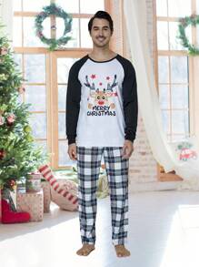 2pcs/Set Men's Christmas Family Matching Pajamas Set With Cute Deer & Checkered Pattern, Long Sleeve Top & Long Pants, Holiday & Cozy Homewear, Fall Winter Clothes - White - View 1