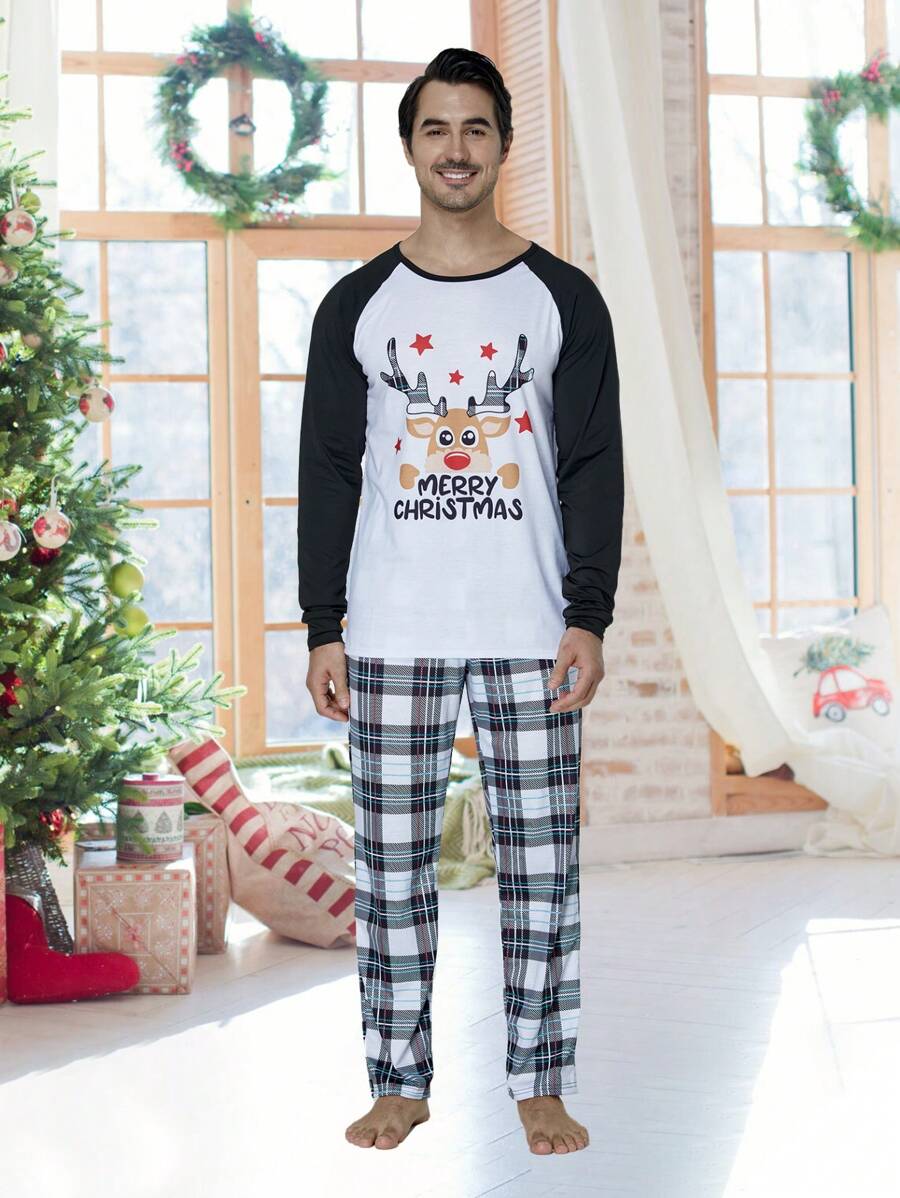 2pcs/Set Men's Christmas Family Matching Pajamas Set With Cute Deer & Checkered Pattern, Long Sleeve Top & Long Pants, Holiday & Cozy Homewear, Fall Winter Clothes - White - View 1