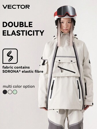 Giacca da sci con cappuccio con zip rimovibile, unisex, con strisce riflettenti, adatta per sci notturno, imbottita, impermeabile, antivento, calda e traspirante, adatta per attrezzatura da sci singola e doppia