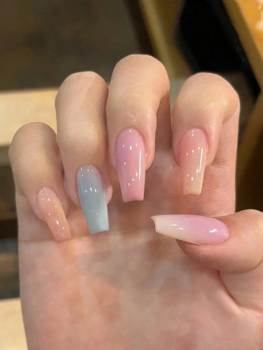 24pcs/set Gradient Shallow Coffin Shape Medium-long False Nails For Party Jelly Glue, Nail File Included - Multicolor - View 1