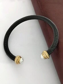 1入時尚黑色真空電鍍6毫米不銹鋼絞線手鍊，帶有仿珍珠細節，可調節開口設計，精美優雅，非常適合作為家人、朋友或鍾情之人的魅力禮物 - 黑色 - 查看 5