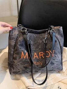 时尚图案手提包，容量大 - 黑色 - 查看 3