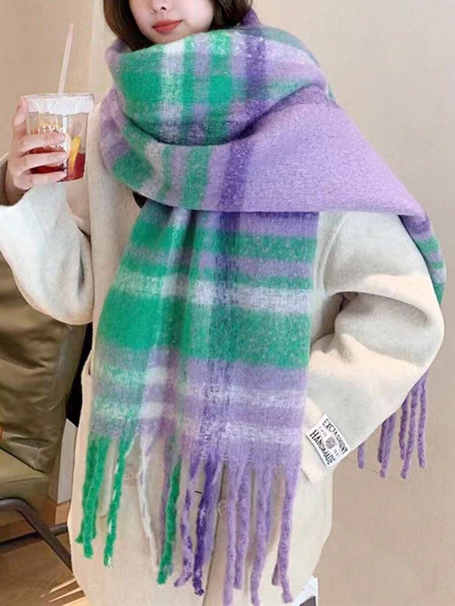 1條女士綠色和紫色格紋馬毛披肩圍巾,適用於秋冬季節