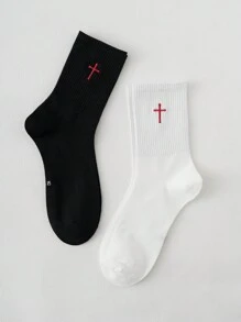 2 đôi tất thêu họa tiết chữ thập cơ bản dành cho nam, phong cách bốn mùa, kích thước châu Âu và châu Mỹ, kích thước vừa phải, thoải mái, thoáng khí, chống mài mòn và không ngột ngạt, thích hợp để mặc hàng ngày, thích hợp cho các cặp đôi và nam giới, làm bằng vải chất lượng cao - Đen và trắng - Xem 3