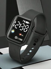 Conjunto de 6 piezas de reloj digital cuadrado de pantalla digital y pulsera, collar, aretes y anillo de corazón de amor - Negro - Ver 3