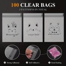 100入組小禮袋,小號透明塑料袋附貓咪圖案,可重複使用,自粘opp袋,適用於糖果、糕點、禮物、珠寶、卡片等