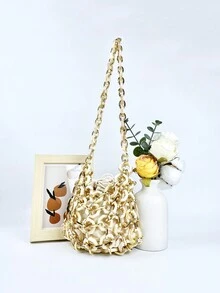 New Lock Closure Handmade Evening Party Fashionable Women's Handbag For Shoulder & Handhold - Apricot - View 7