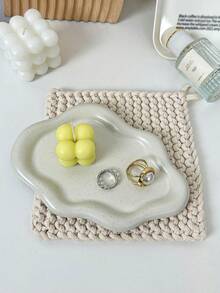 1pc Asymmetrical Cloud Shape Ceramic Tray For Jewelry Storage, Home Decor - white sesame dots - View 4