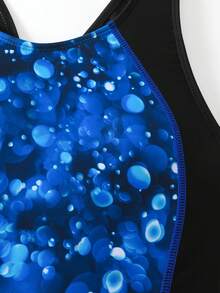 Traje de baño de una pieza para mujer, estampado, con espalda descubierta y recortes contrastantes, elegante y chic, adecuado para la playa y vacaciones de verano - Agua verde azul - Ver 9