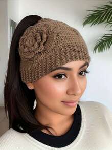 1 件女駝色鉤針花朵裝飾休閒可愛波西米亞風格保暖透氣髮帶,適合冬季旅行和度假 - 駝色 - 查看 6