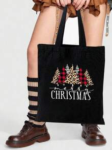 1Pc Extra Large Christmas Canvas Gift Bags, Gift Bags Reusable Shopping Bags have Santa Claus Plaid Merry Christmas ​Pattern of Gift Bag for Christmas Party, Christmas Surprise, Student Canvas Bag Gift for Christmas - Black - View 5