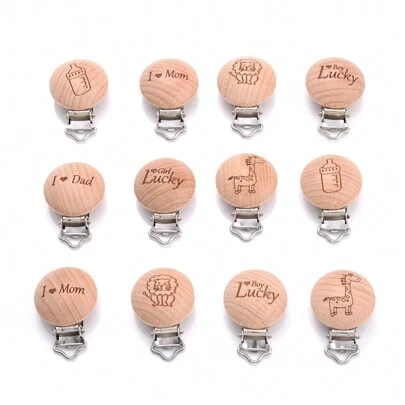 5pcs/pack 30mm Beech Wooden Pacifier Clip With Animal Design, Ready-made Diy Jewelry Fixture Clip