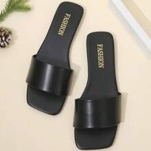 Women's Square Open Toe Flat Sandals Slip On Slide Sandals One Strap Flat Sandals - Black - View 6
