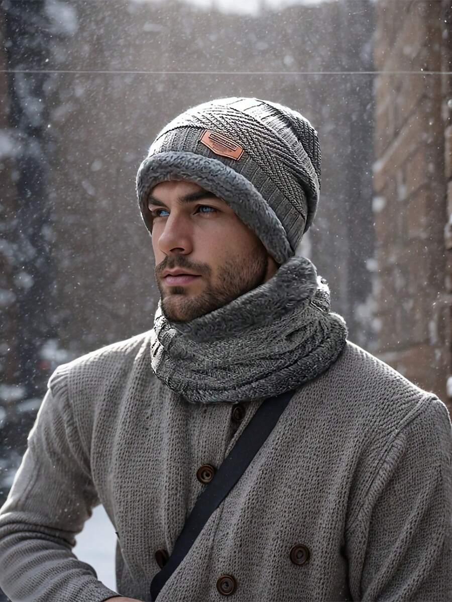 2 Miếng Mùa Đông Dày lên Dệt kim ấm Mũ & Bảo vệ cổ , Nam Kích thước lớn Lạnh Tai Sự bảo vệ Linh hoạt Thời trang Mũ Mũ Nam Mùa Đông Ngoài trời Áo chui đầu Kiểm tra Ấm áp Hàn Quốc Phiên bản Mùa thu Và Mùa Đông Mũ len Với Sang trọng Dày lên Khăn quàng cổ - Xám - Xem 1