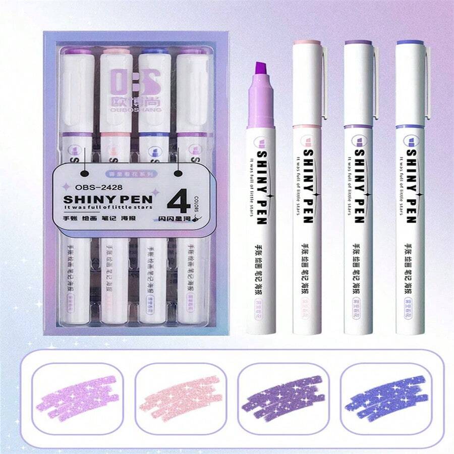 4pcs Coral Orange Glitter Highlighter Pen, With Gift Box - , Perfect For Classroom, Color Markers - Purple - View 1