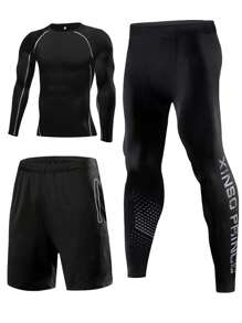 Conjunto de 3 piezas de ropa deportiva de secado rápido en estilo novio para hombres, ropa de compresión para entrenamiento, gimnasio, baloncesto, correr, camiseta de manga corta y pantalones, traje atlético, chándal