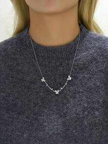 1pc Sweet Mori Style Butterfly & Cubic Zirconia Decor Collarbone Necklace For Women, Ideal For Dating, Birthday, Graduation - White - View 1