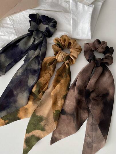 3pcs/Set Women's Colorful Tie-Dye Ink Painting Style Cloth Bowknot Hair Ties With Streamers, Suitable For Daily Use Boho Scrunchies Scrunchy Hair Ties Ponytail Head Accessories Elastic Band