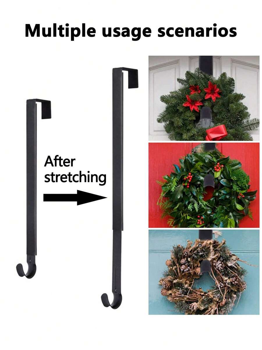 1pc Christmas Over Door Wreath Hanger, Adjustable Stainless Steel Wreath Hook, Multi-use Hanger For Festival Decorations And Home Organization - Black - View 1