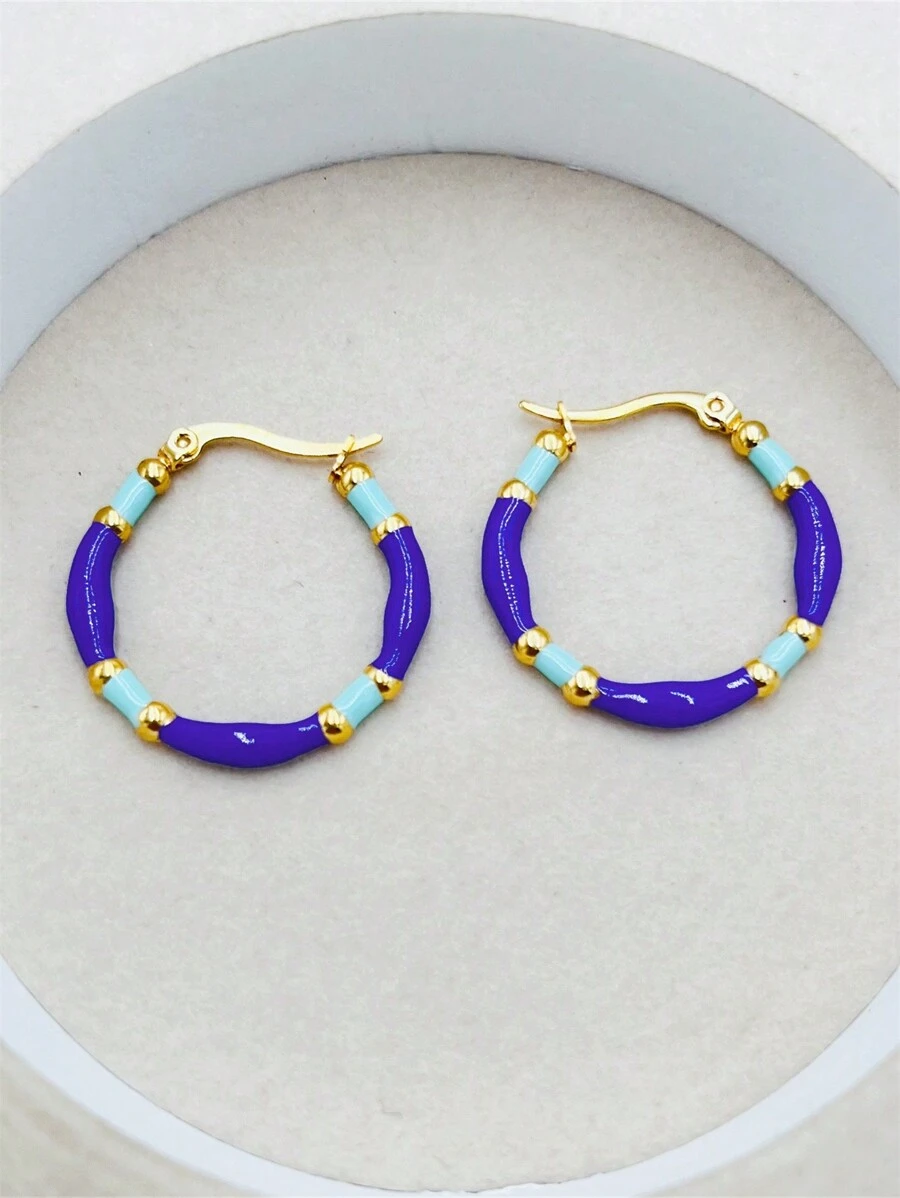 1pair Stainless Steel Iridescent Enamel Oil Drop Effect Hoop Earrings - Royal Blue - View 1